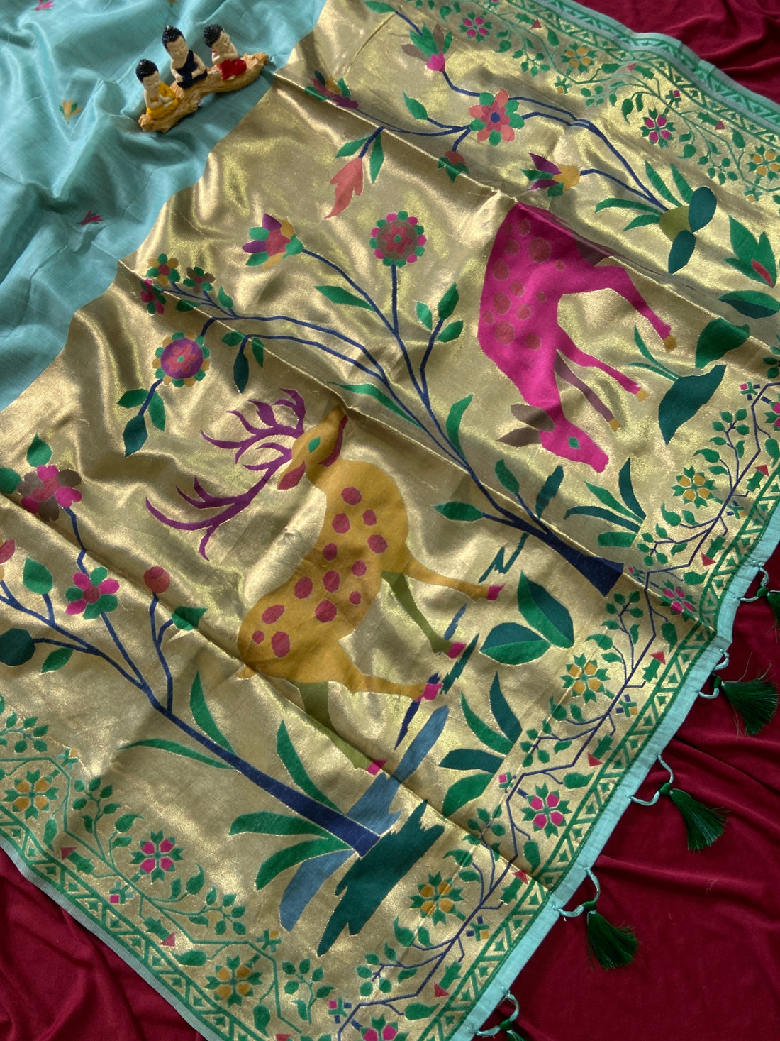 Sky Blue Muga Cotton Paithani Deer Pallu Saree