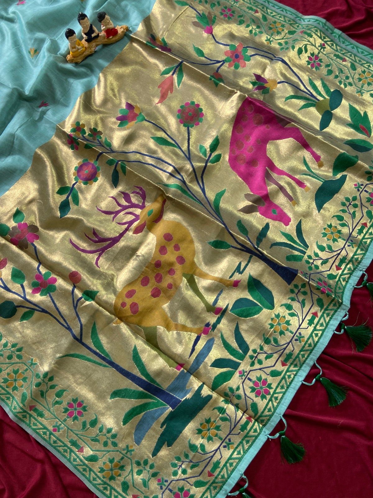 Sky Blue Muga Cotton Paithani Deer Pallu Saree