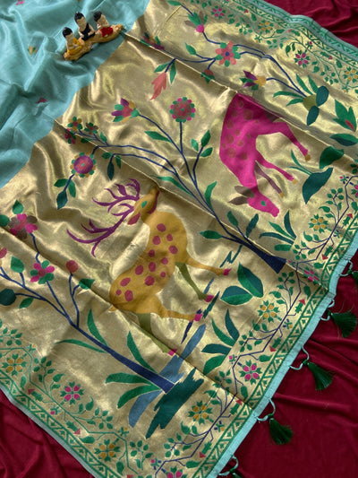 Sky Blue Muga Cotton Paithani Deer Pallu Saree