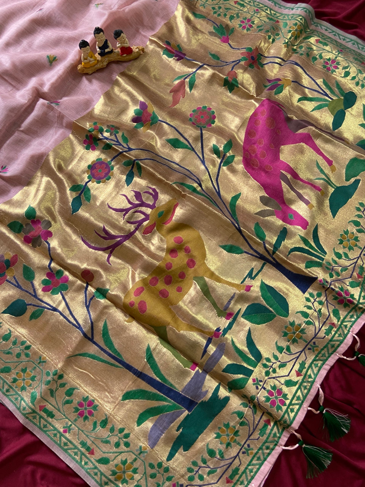 Pink Muga Cotton Paithani Deer Pallu Saree, view 2