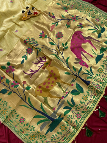 Lemon Yellow Muga Cotton Paithani Deer Pallu Saree