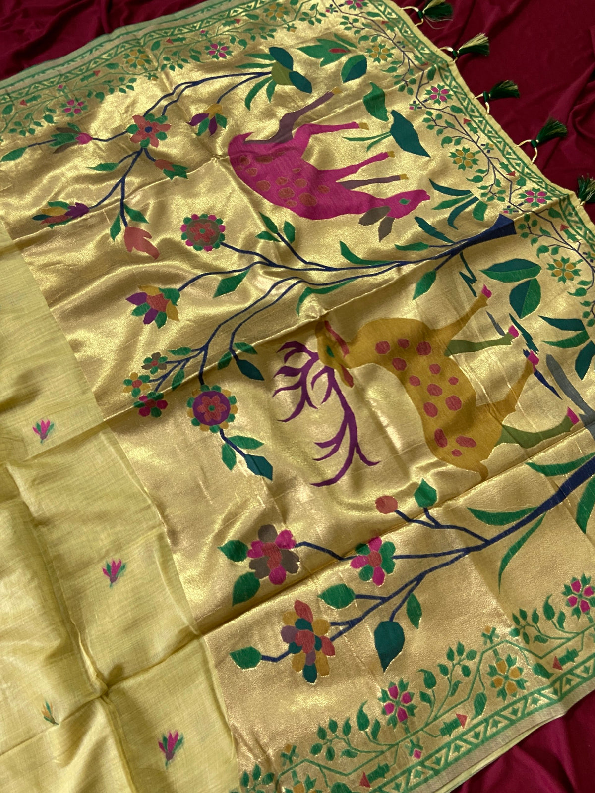 Lemon Yellow Muga Cotton Paithani Deer Pallu Saree, view 2