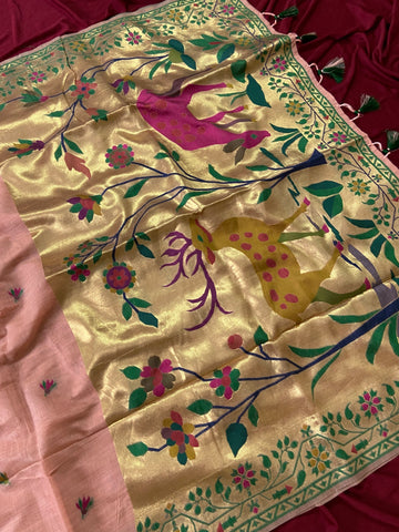 Peach Muga Cotton Paithani Deer Pallu Saree
