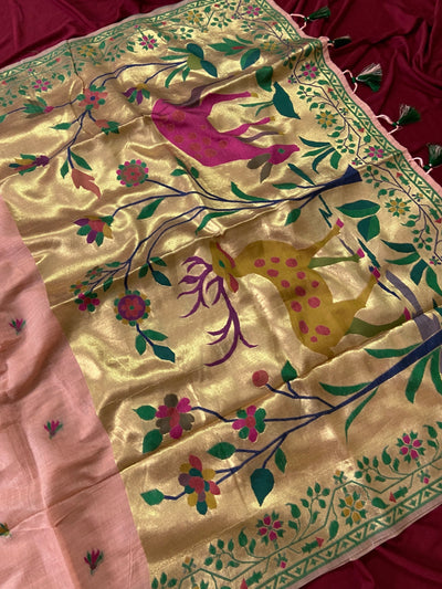 Peach Muga Cotton Paithani Deer Pallu Saree