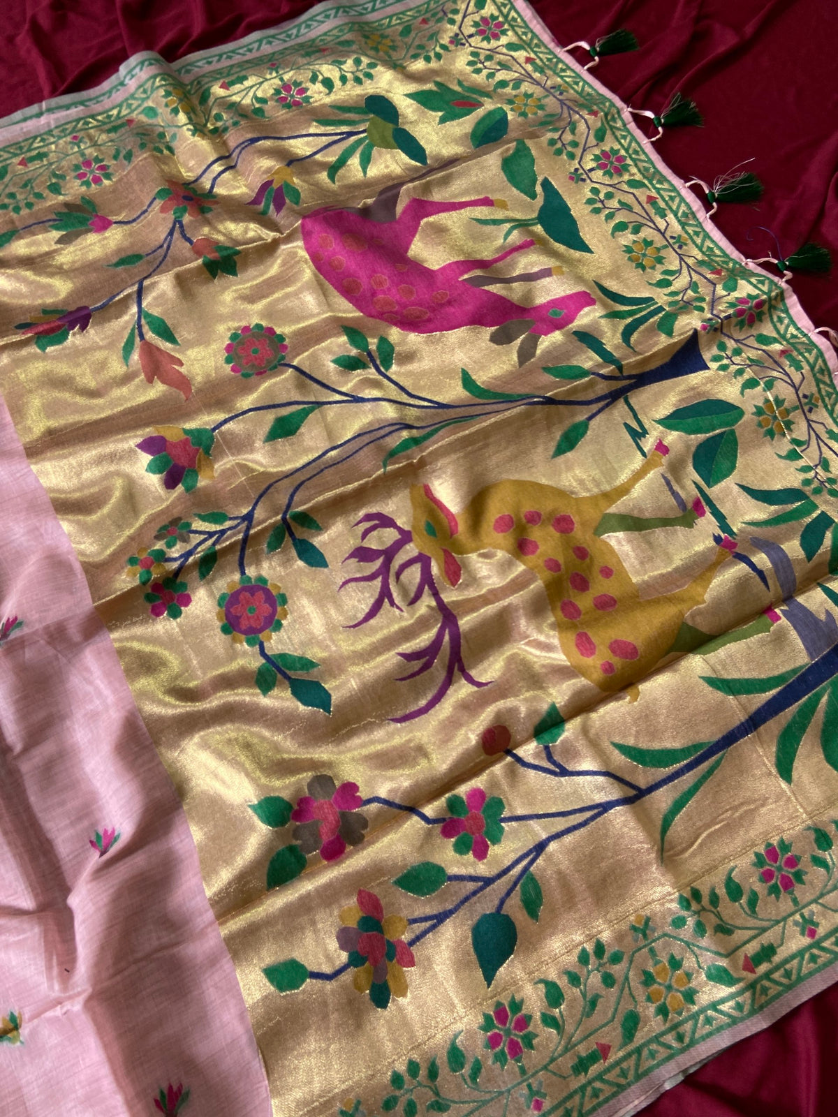 Pink Muga Cotton Paithani Deer Pallu Saree