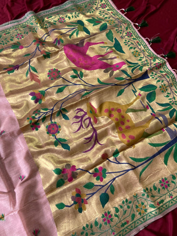 Pink Muga Cotton Paithani Deer Pallu Saree