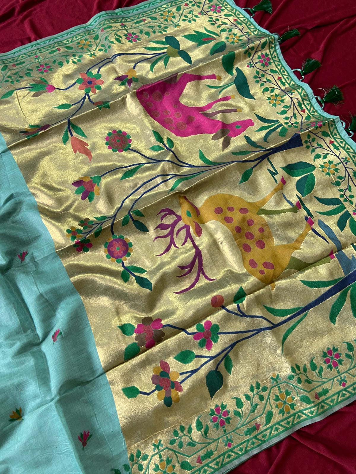 Sky Blue Muga Cotton Paithani Deer Pallu Saree, view 2