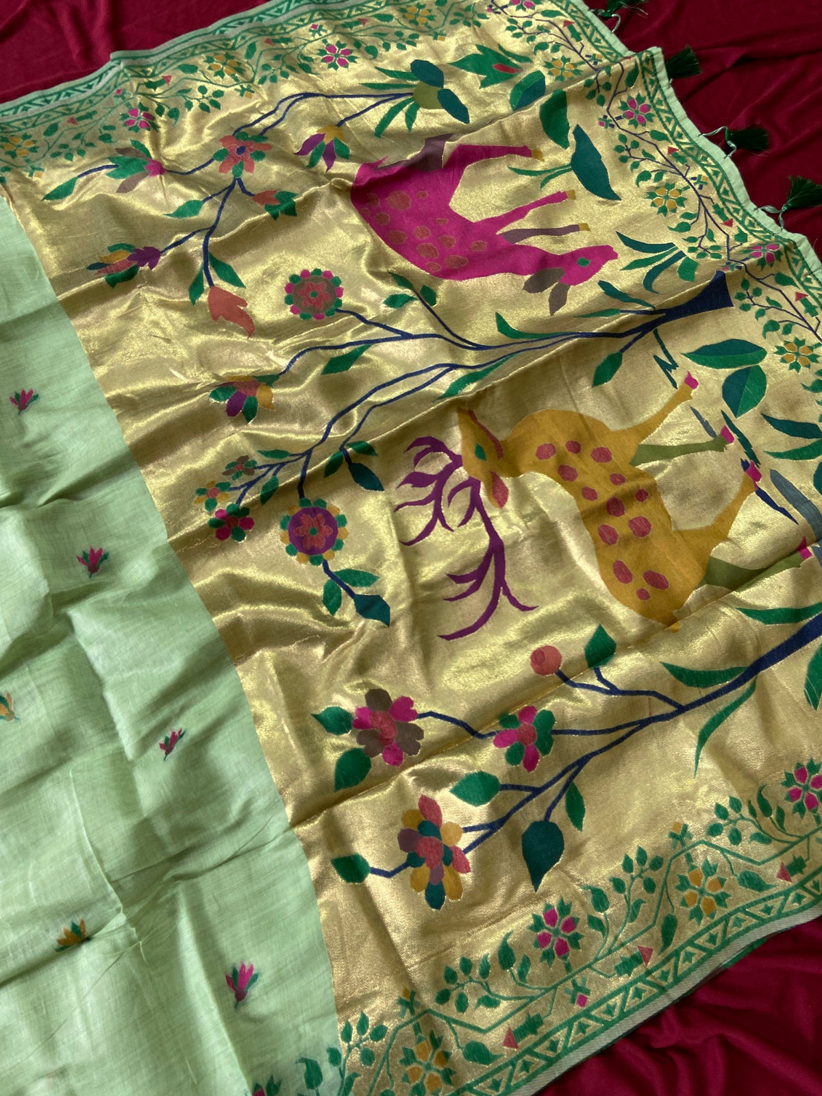 Pista Green Muga Cotton Paithani Deer Pallu Saree, view 2