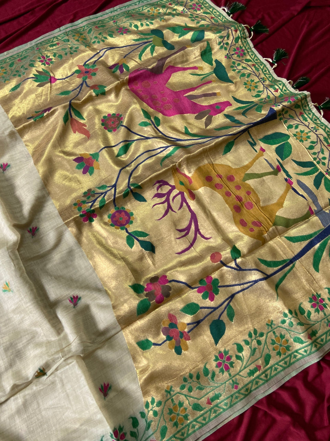 Off-White Muga Cotton Paithani Deer Pallu Saree