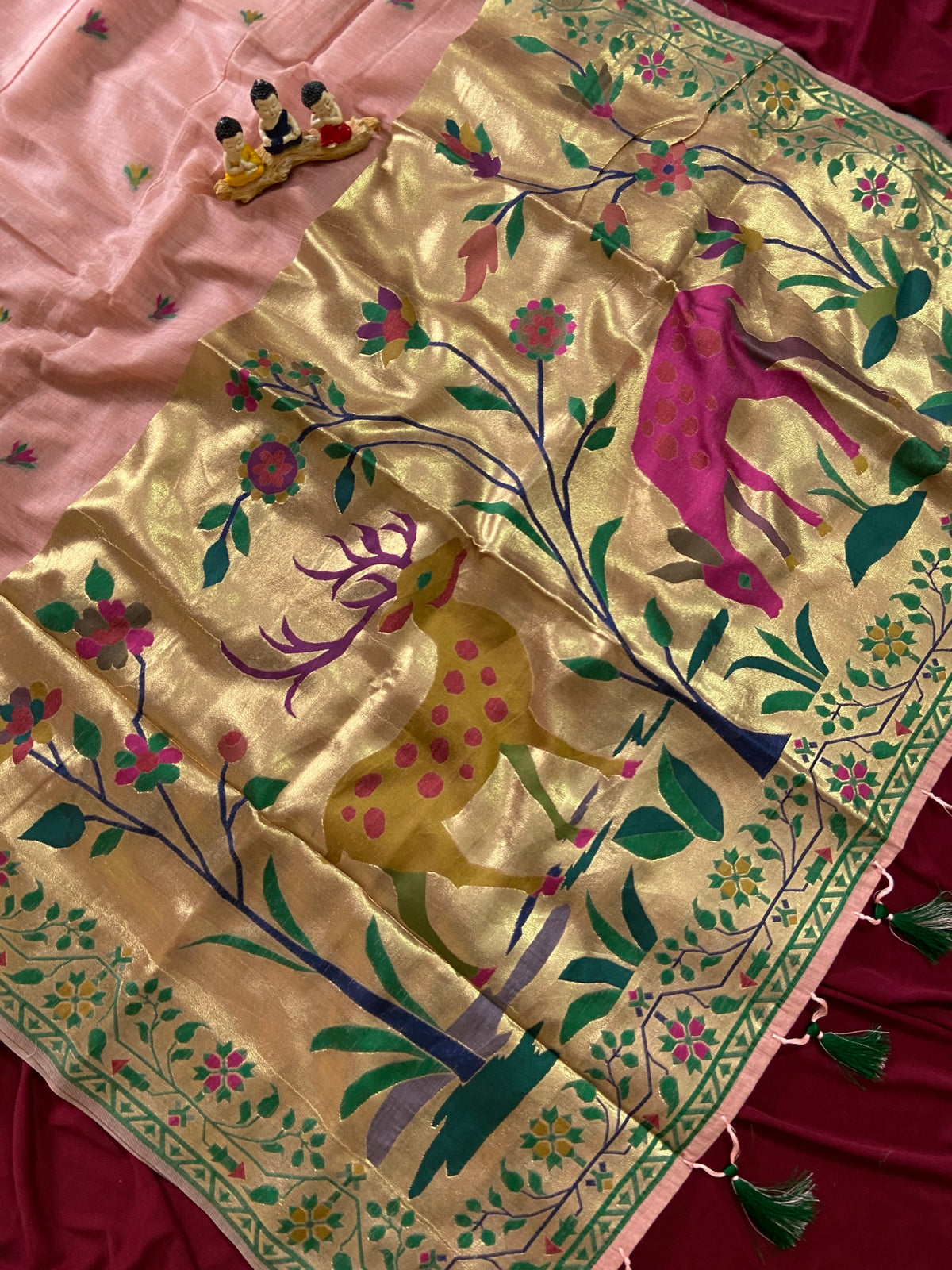 Peach Muga Cotton Paithani Deer Pallu Saree, view 2