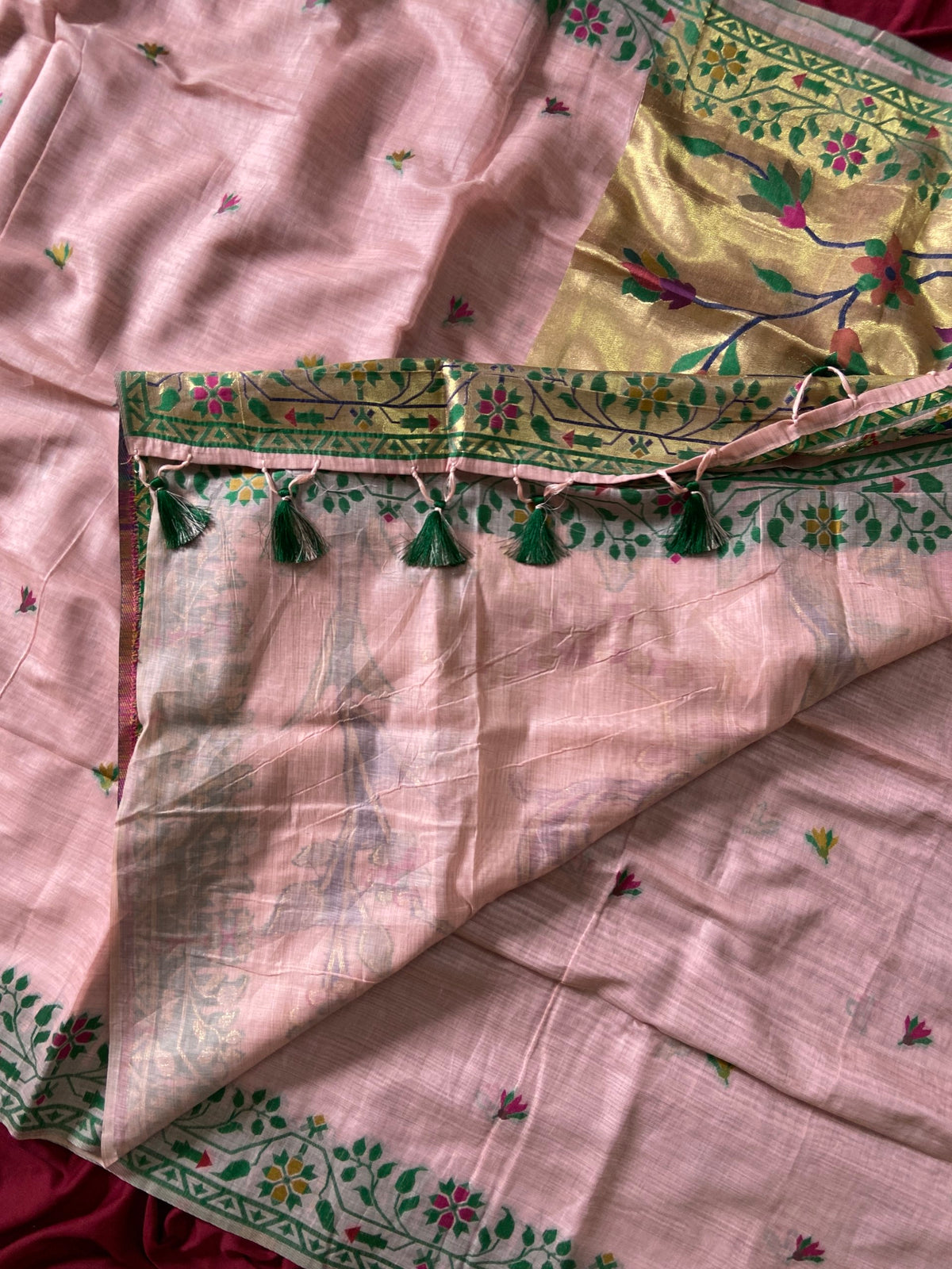 Pink Muga Cotton Paithani Deer Pallu Saree, view 3