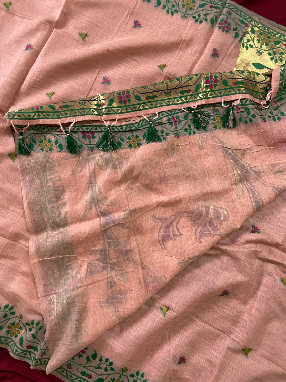 Peach Muga Cotton Paithani Deer Pallu Saree, view 3