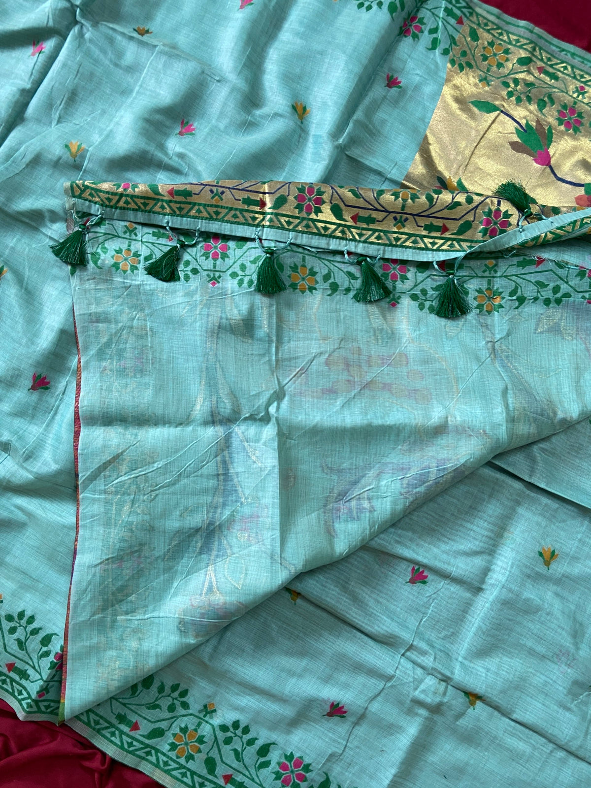 Sky Blue Muga Cotton Paithani Deer Pallu Saree, view 3