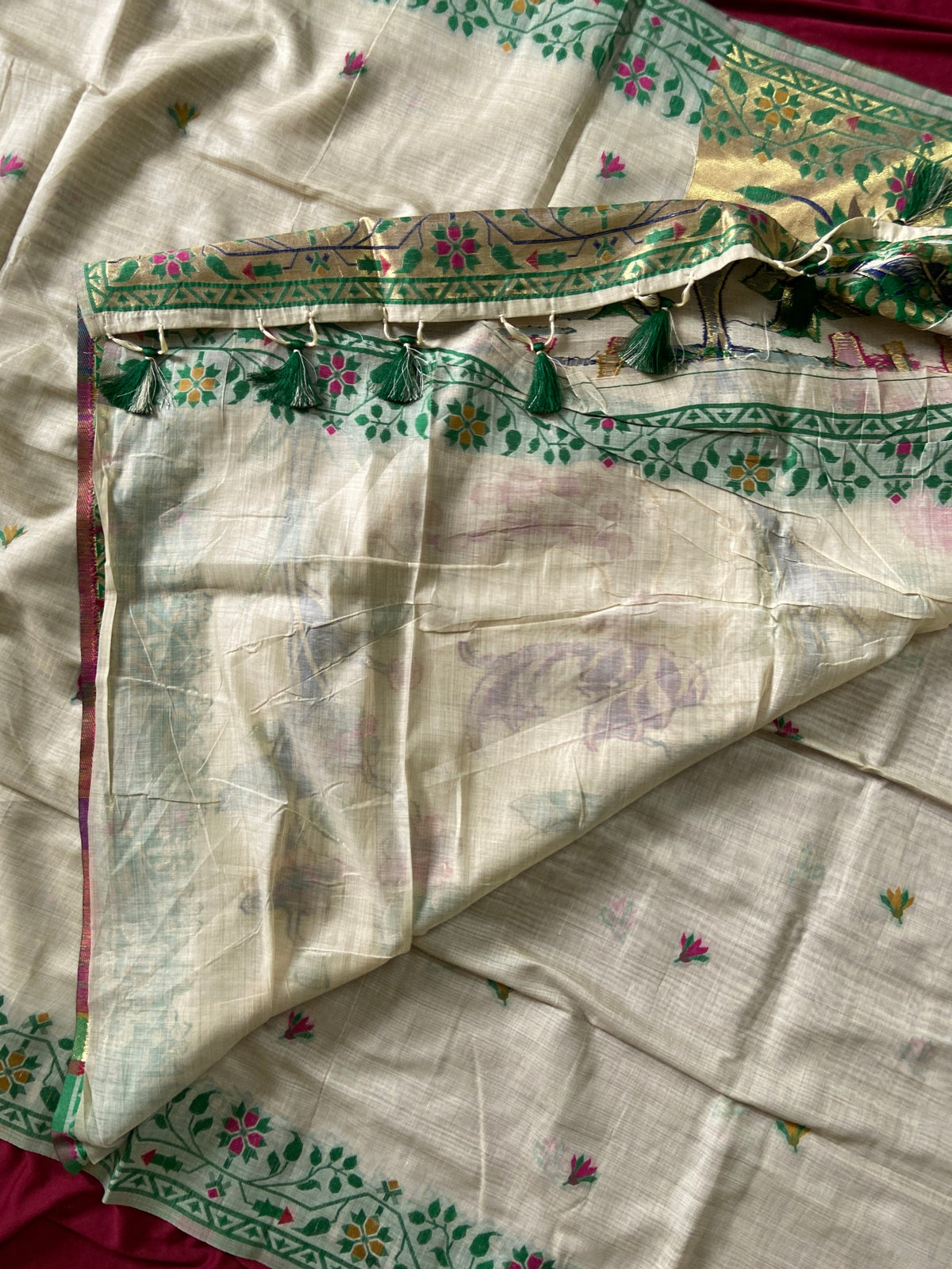 Off-White Muga Cotton Paithani Deer Pallu Saree, view 3