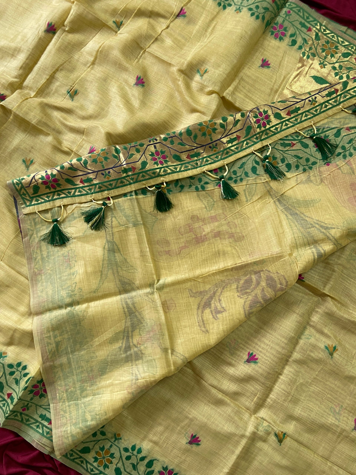 Lemon Yellow Muga Cotton Paithani Deer Pallu Saree, view 3