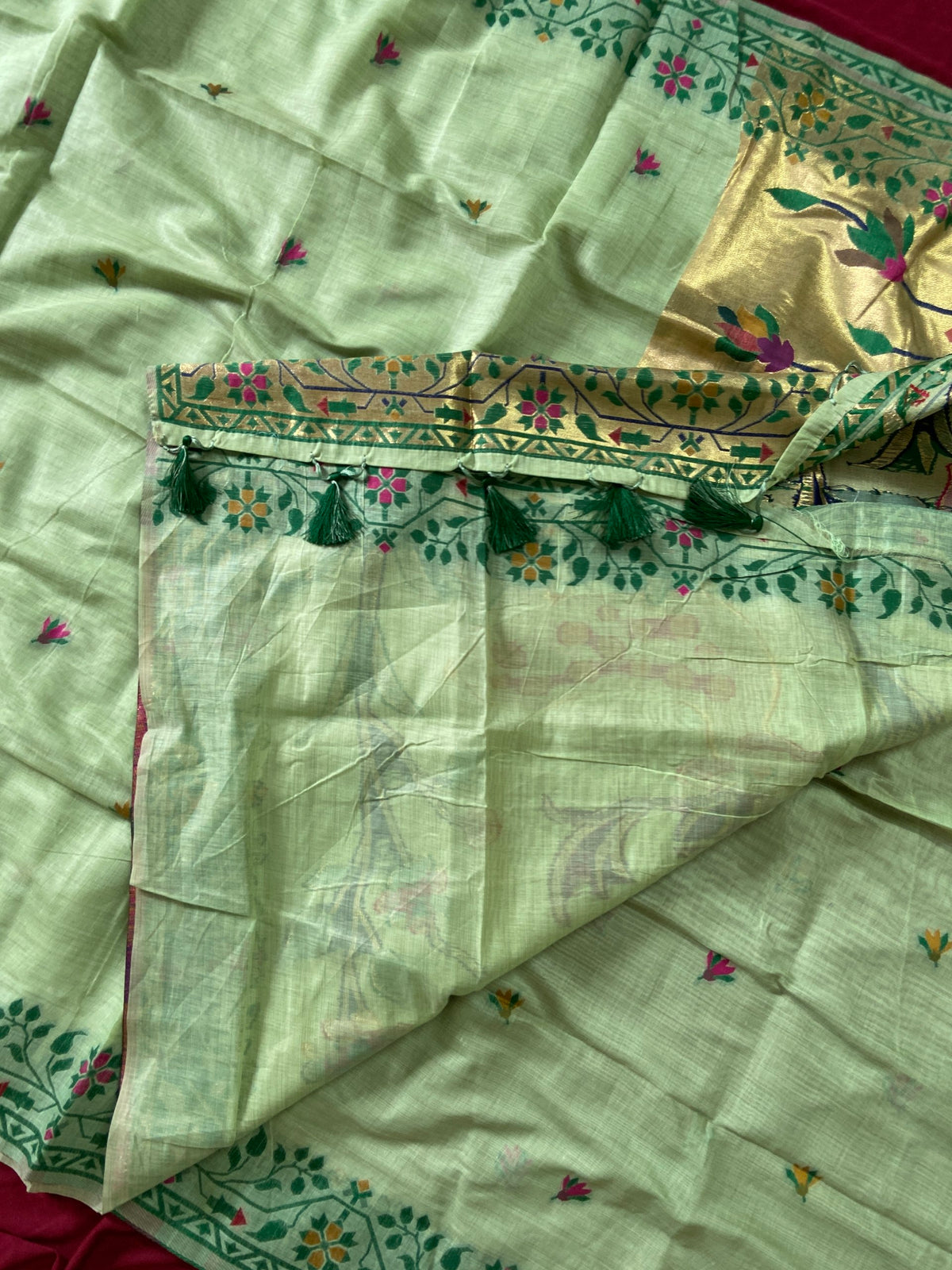 Pista Green Muga Cotton Paithani Deer Pallu Saree, view 3