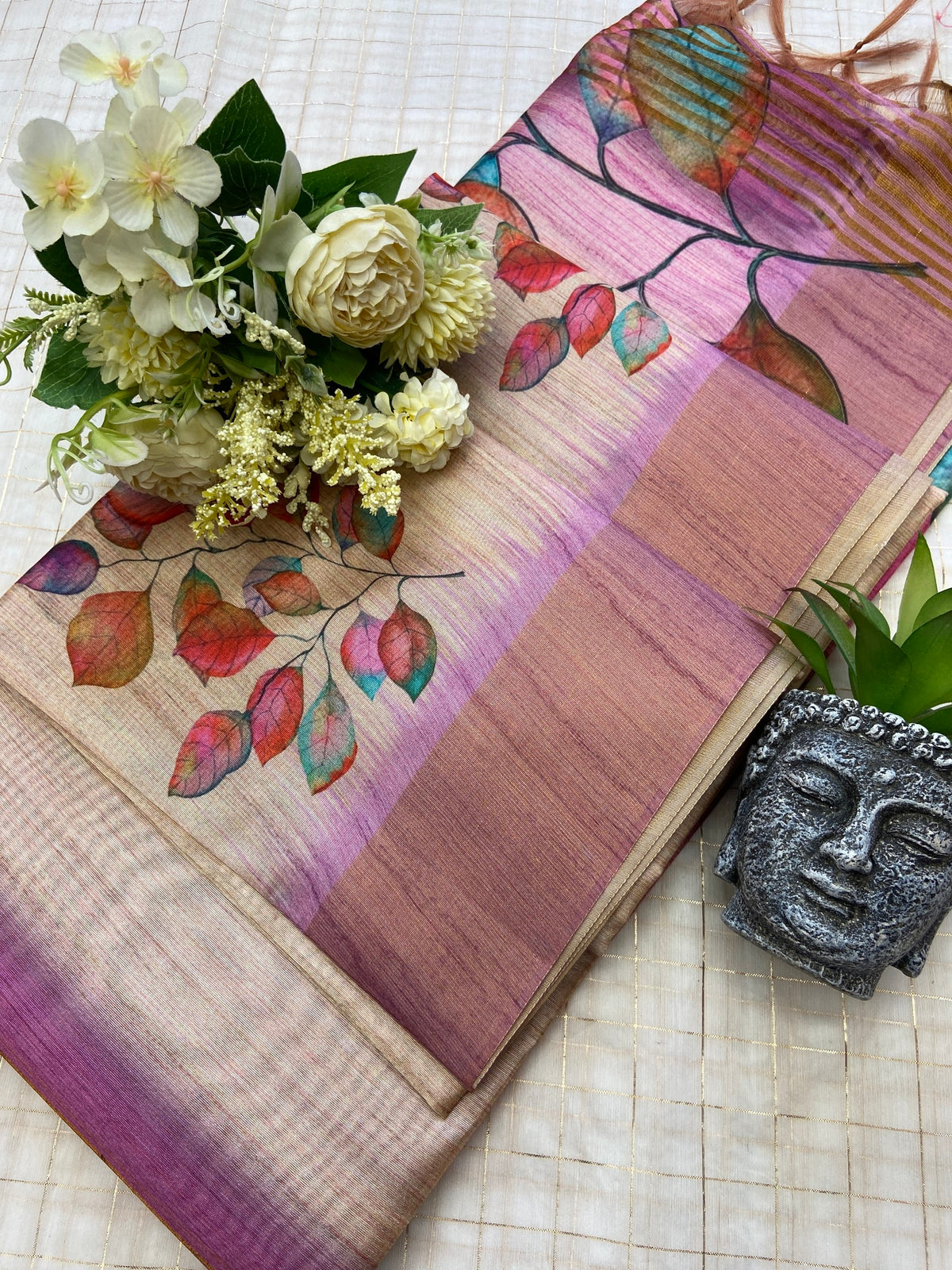 Lavender Tussar Silk Leaf Print Saree