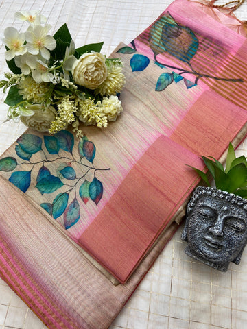 Pink Tussar Silk Leaf Print Saree