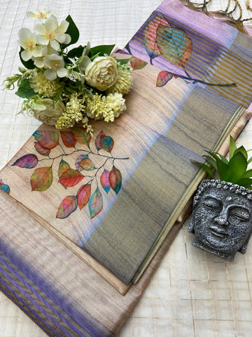 Grey Tussar Silk Leaf Print Saree