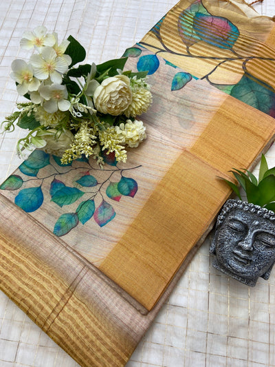 Mustard Tussar Silk Leaf Print Saree