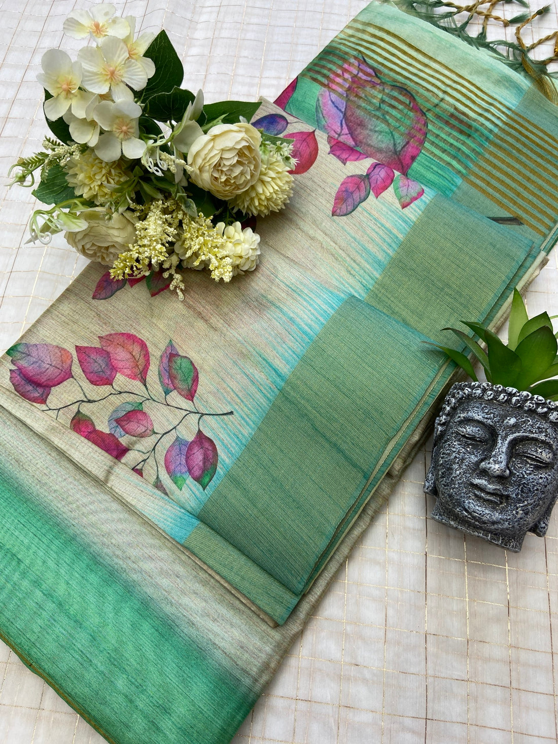 Mint Green Tussar Silk Leaf Print Saree