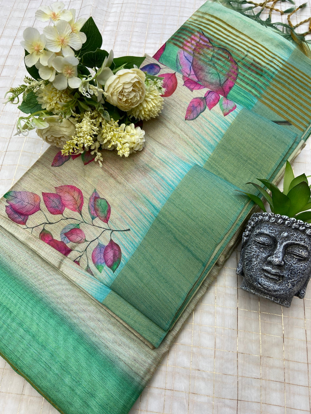 Mint Green Tussar Silk Leaf Print Saree