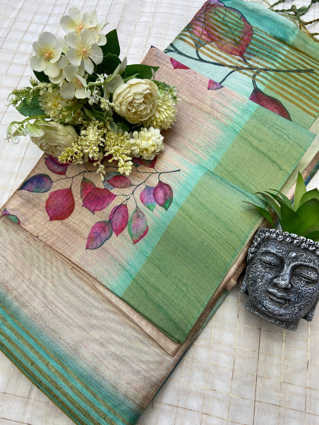Sky Blue Tussar Silk Leaf Print Saree