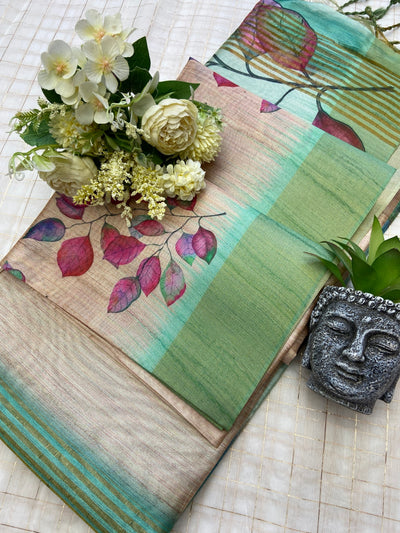 Sky Blue Tussar Silk Leaf Print Saree