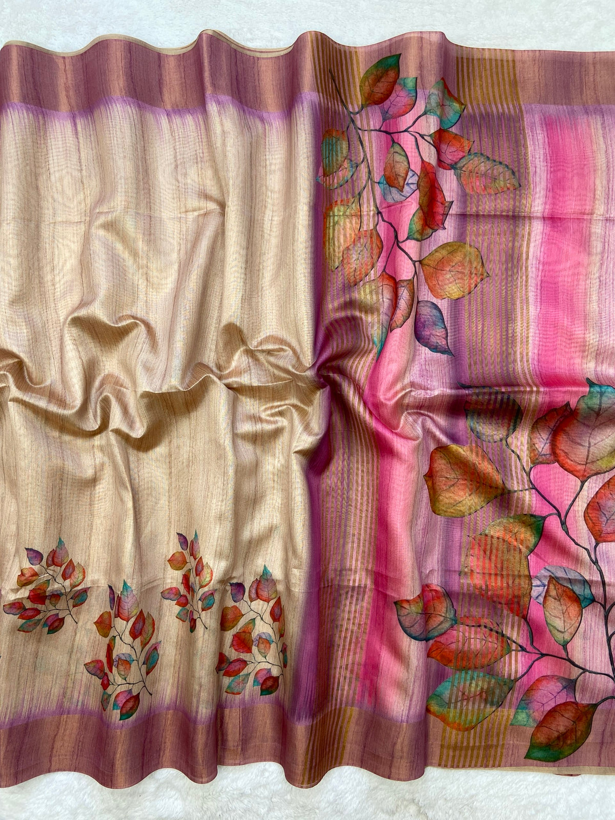 Lavender Tussar Silk Leaf Print Saree, view 2