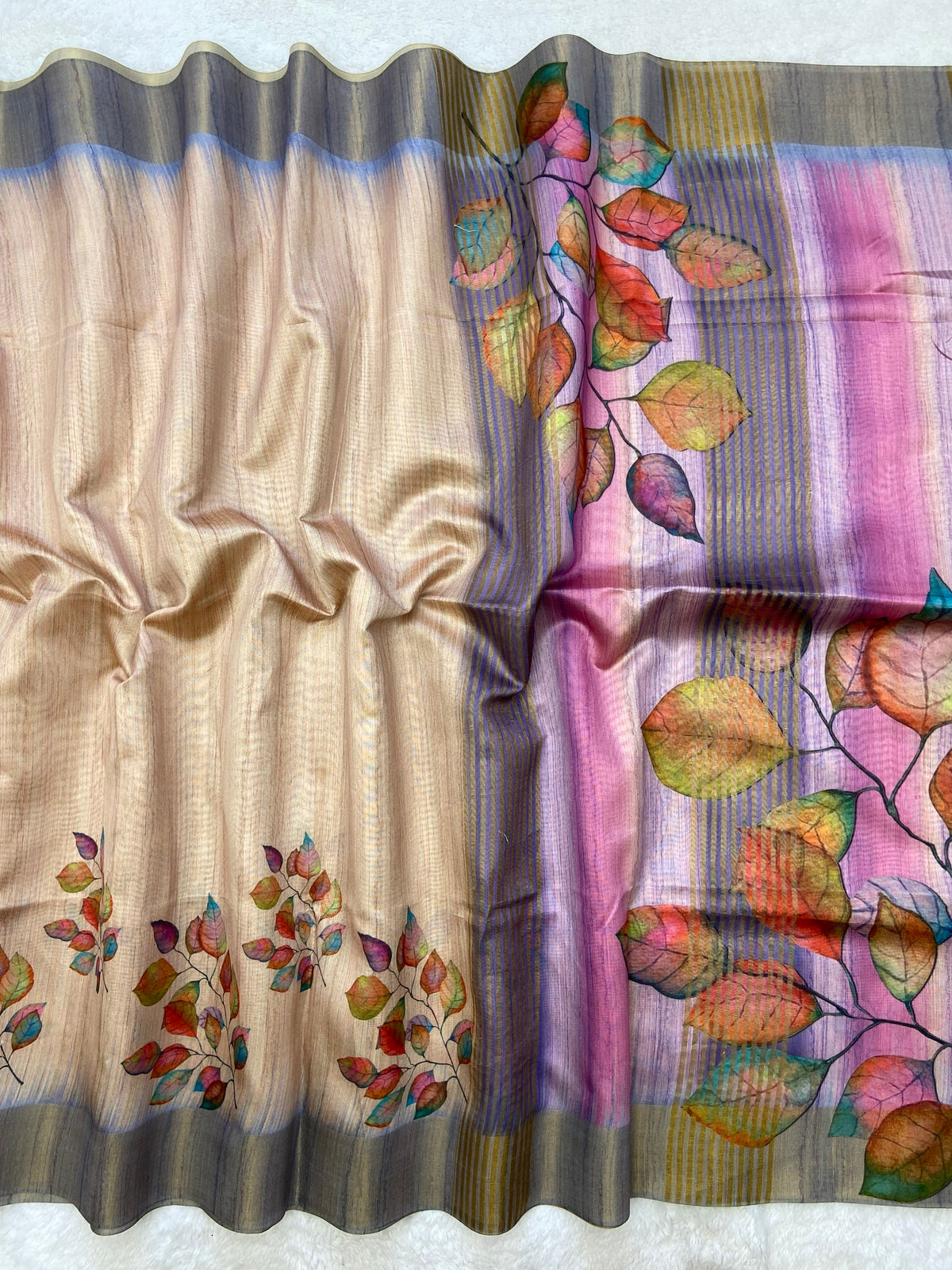 Grey Tussar Silk Leaf Print Saree, view 2