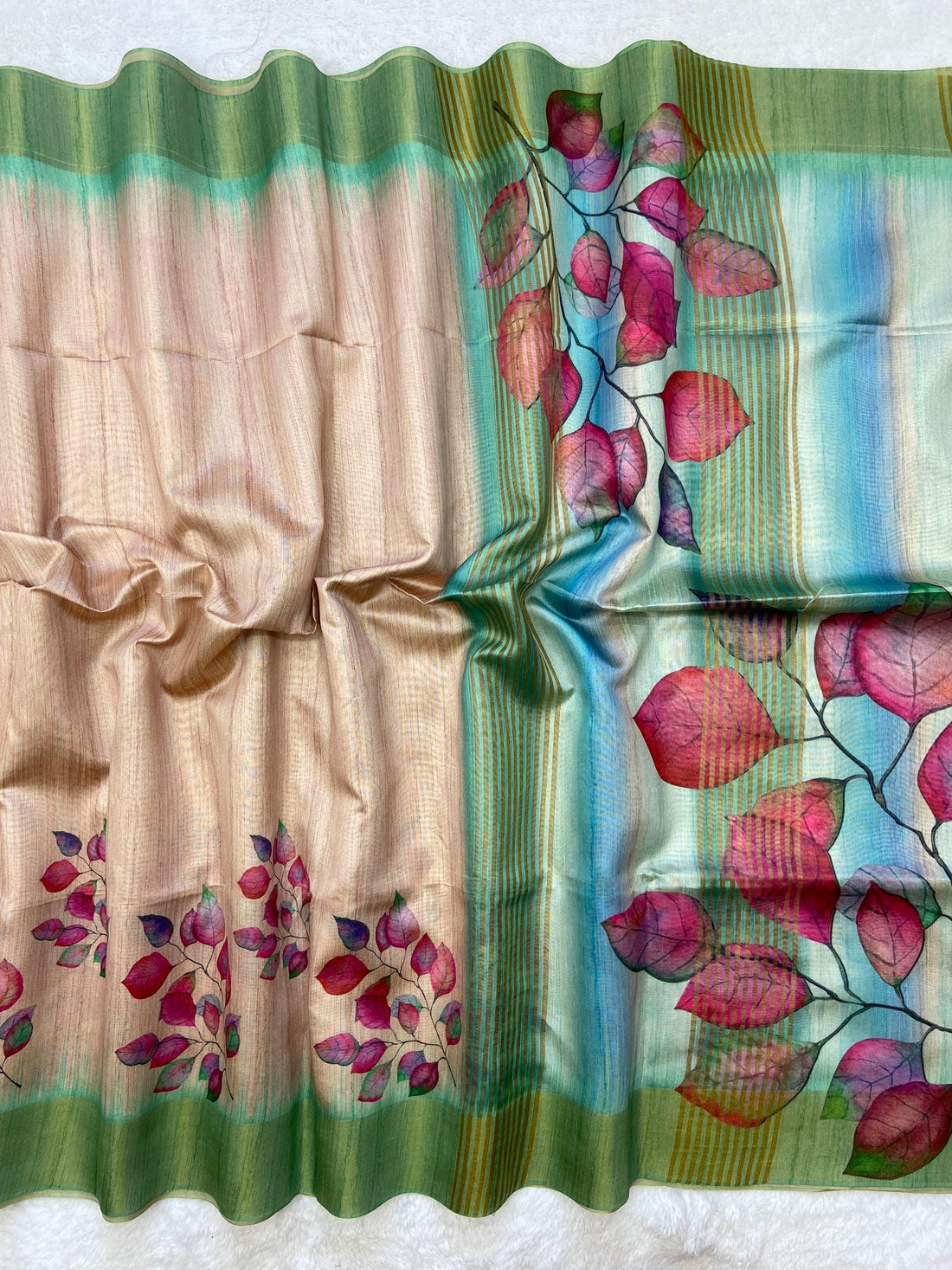 Mint Green Tussar Silk Leaf Print Saree
