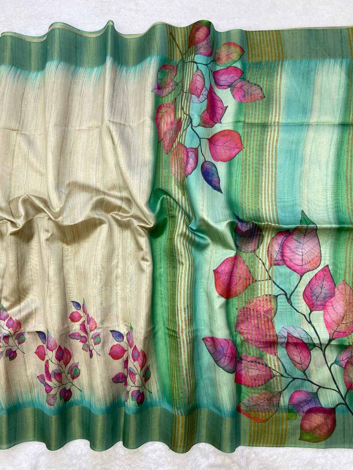 Mint Green Tussar Silk Leaf Print Saree, view 3