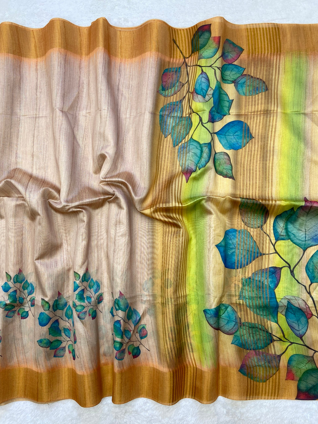 Mustard Tussar Silk Leaf Print Saree
