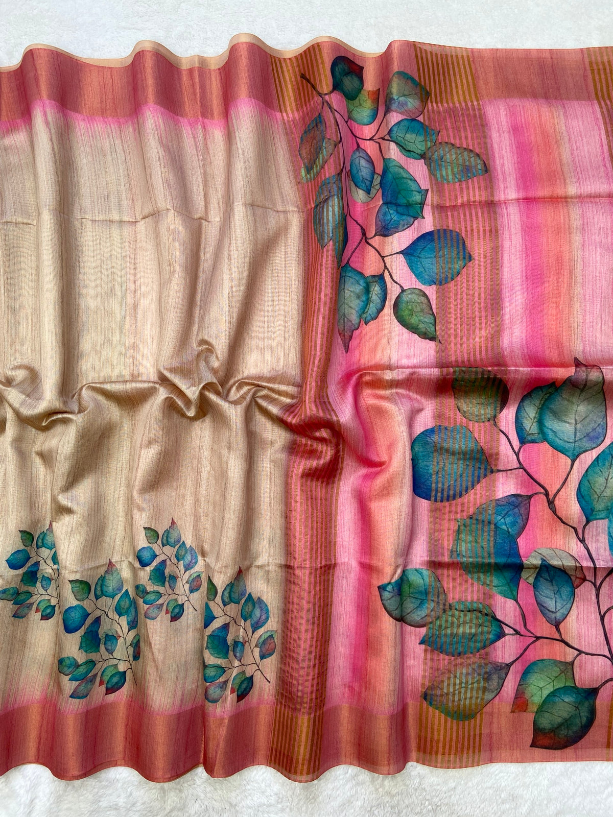 Pink Tussar Silk Leaf Print Saree, view 2