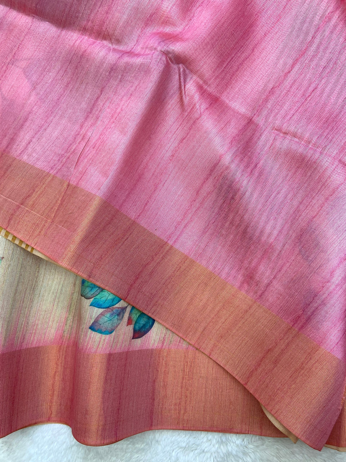 Pink Tussar Silk Leaf Print Saree, view 3