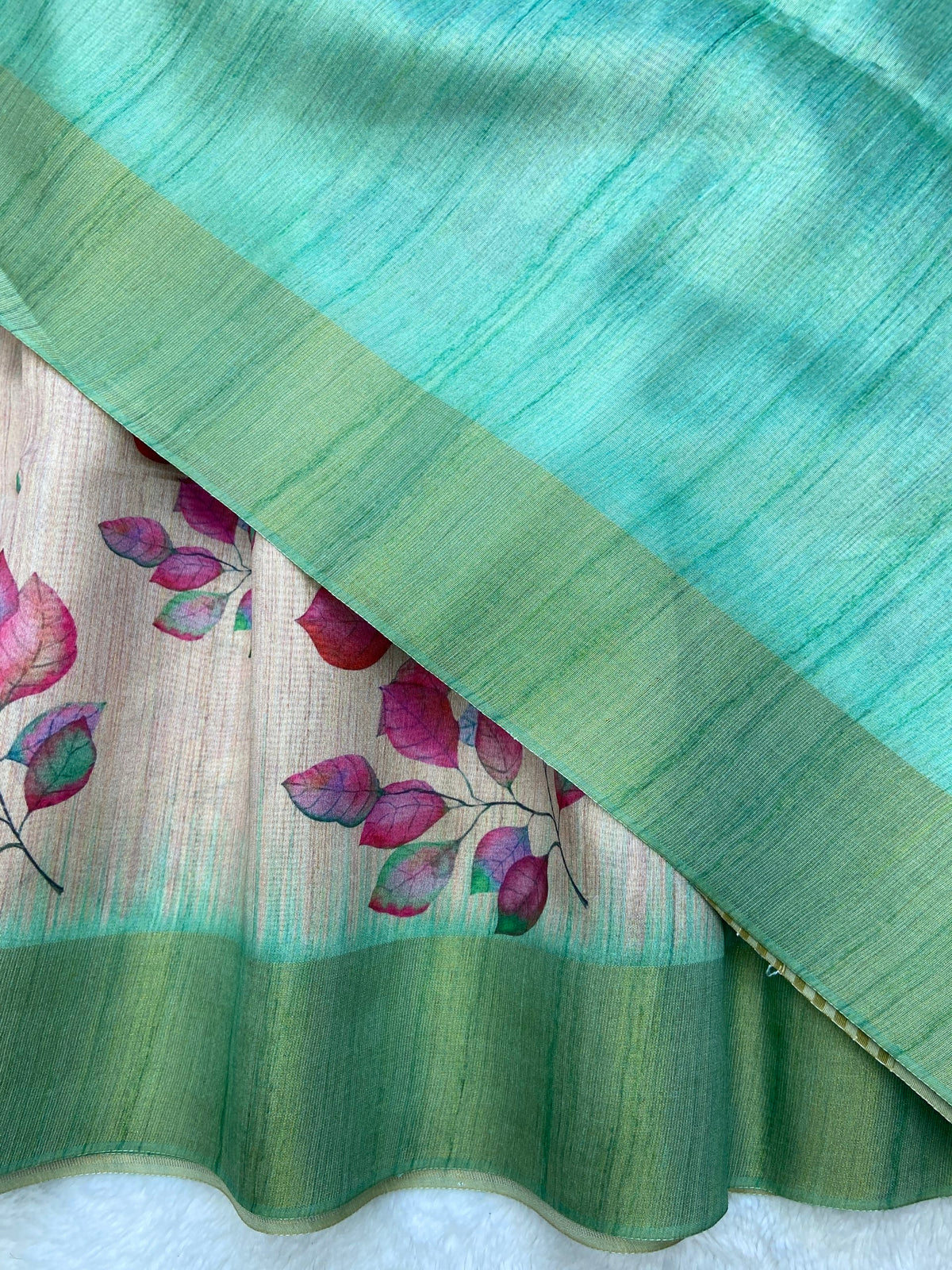 Mint Green Tussar Silk Leaf Print Saree, view 4