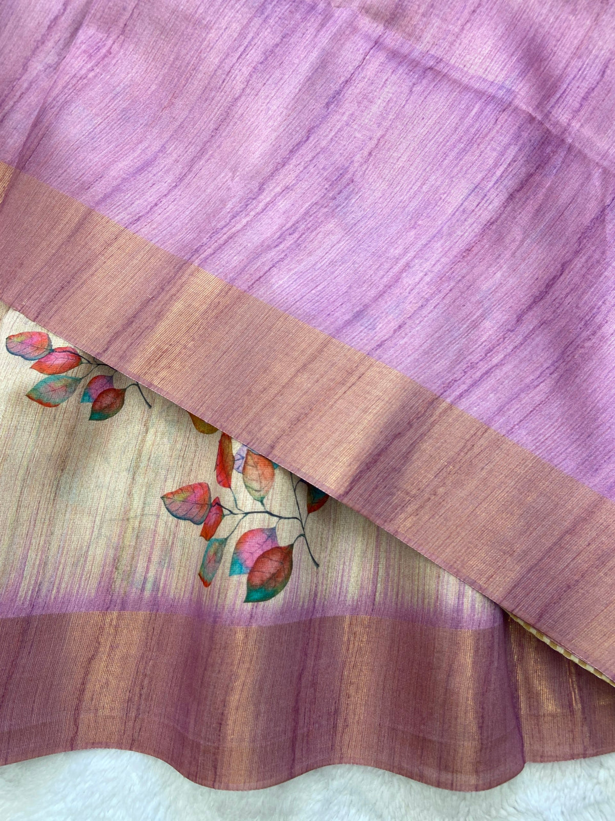 Lavender Tussar Silk Leaf Print Saree, view 3