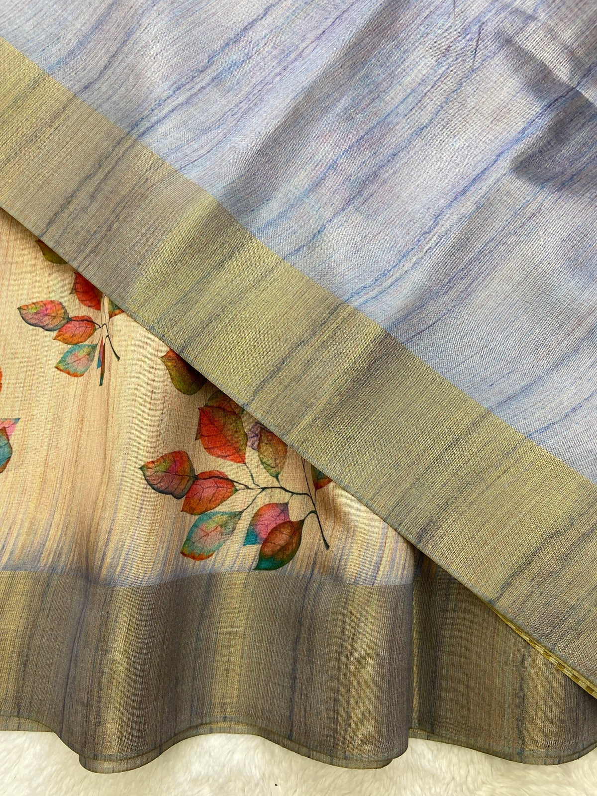 Grey Tussar Silk Leaf Print Saree, view 3