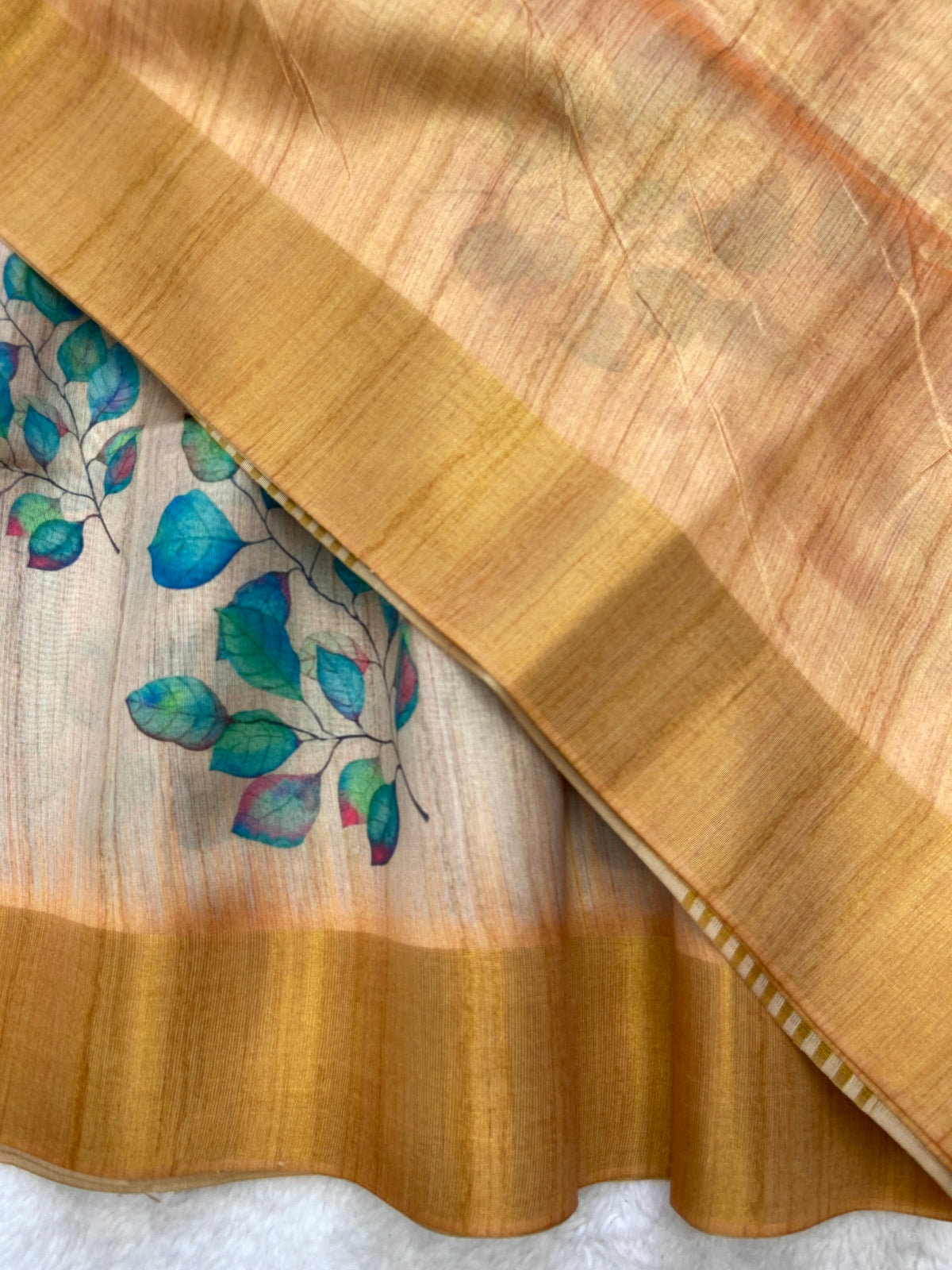Mustard Tussar Silk Leaf Print Saree, view 3
