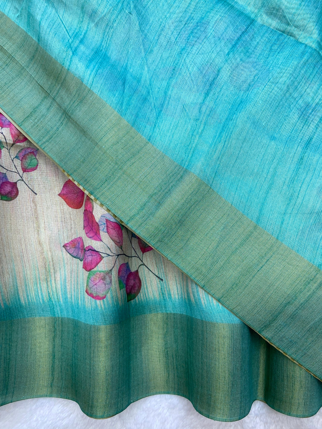 Sky Blue Tussar Silk Leaf Print Saree