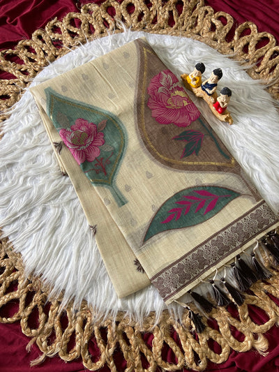 Off-White Muga Cotton Leaf Pallu Saree