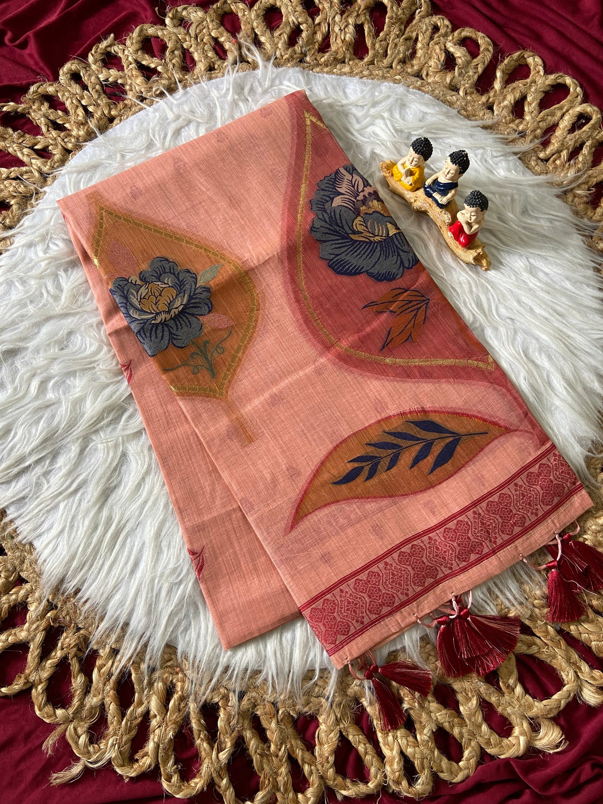 Peach Muga Cotton Leaf Pallu Saree