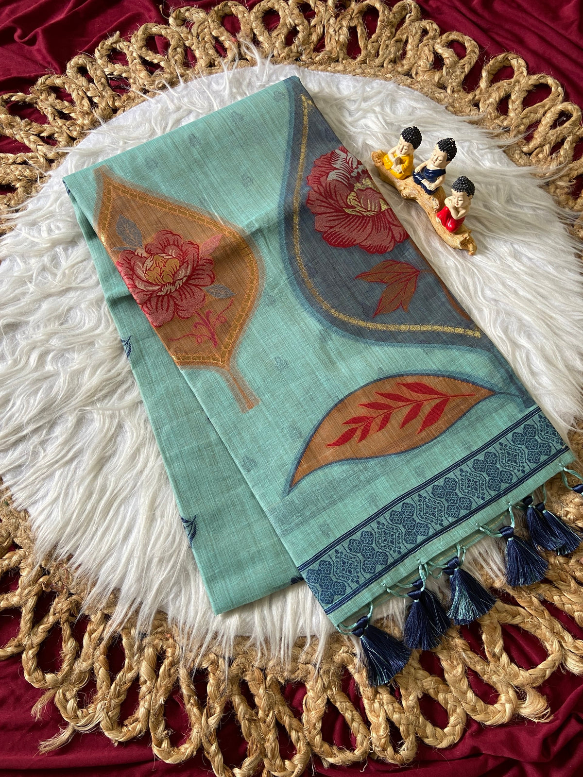 Sky Blue Muga Cotton Leaf Pallu Saree