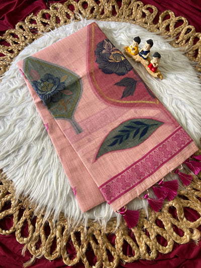 Baby Pink Muga Cotton Leaf Pallu Saree