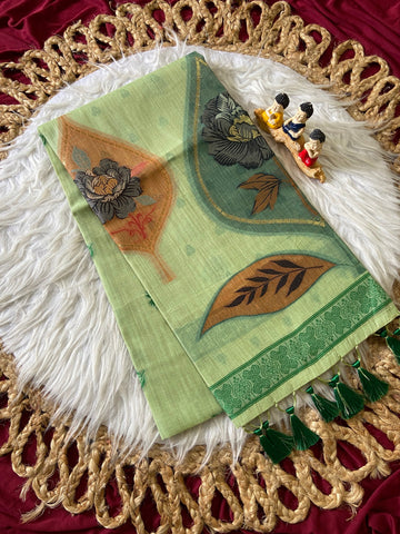 Mint Green Muga Cotton Leaf Pallu Saree
