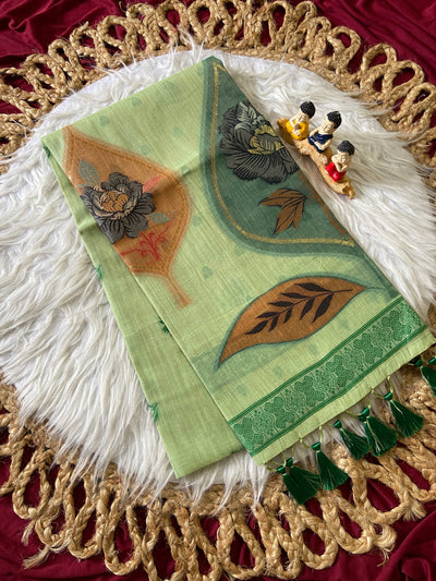 Mint Green Muga Cotton Leaf Pallu Saree