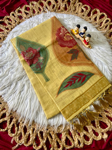 Lemon Yellow Muga Cotton Leaf Pallu Saree