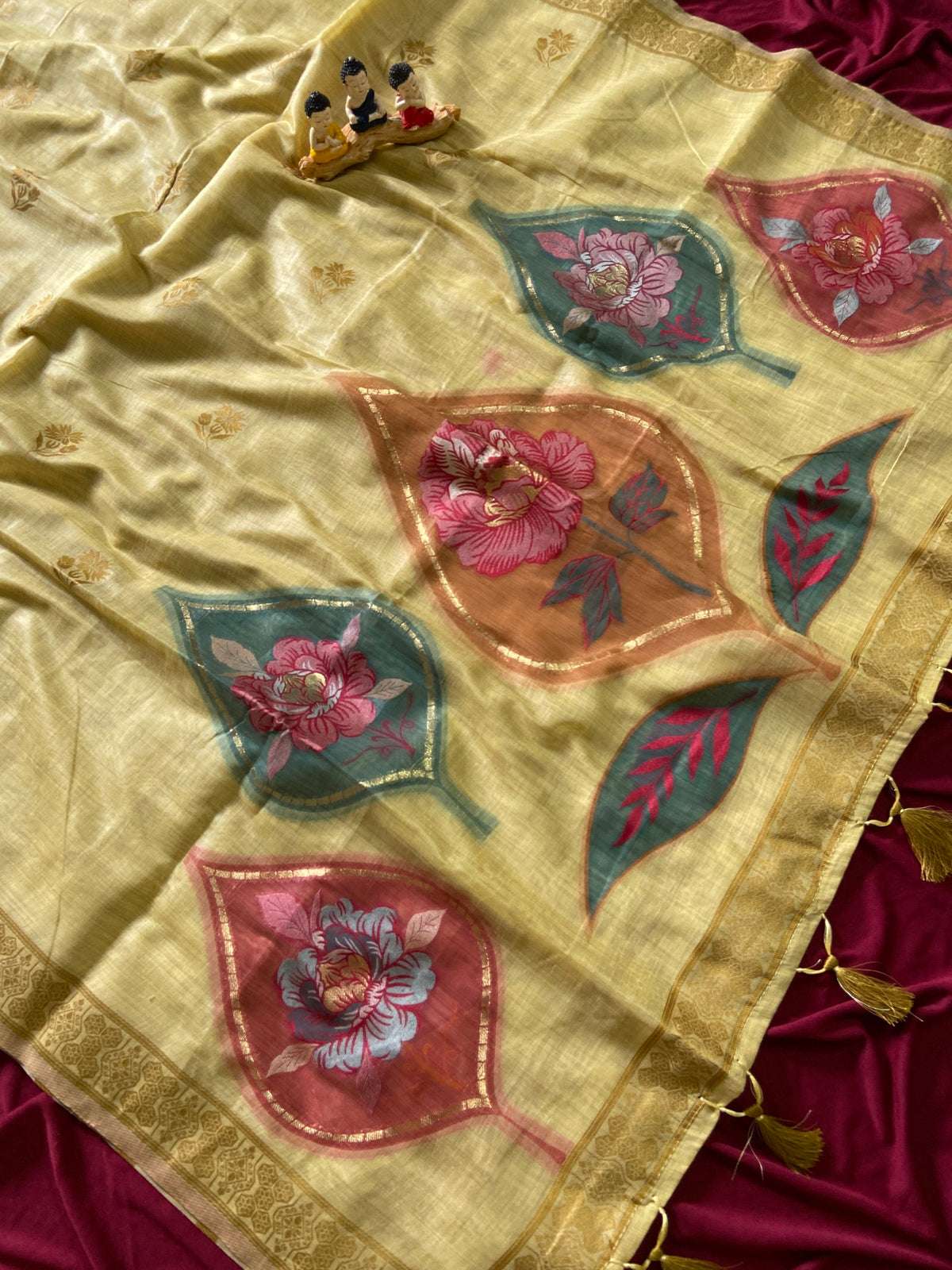 Lemon Yellow Muga Cotton Leaf Pallu Saree, view 2