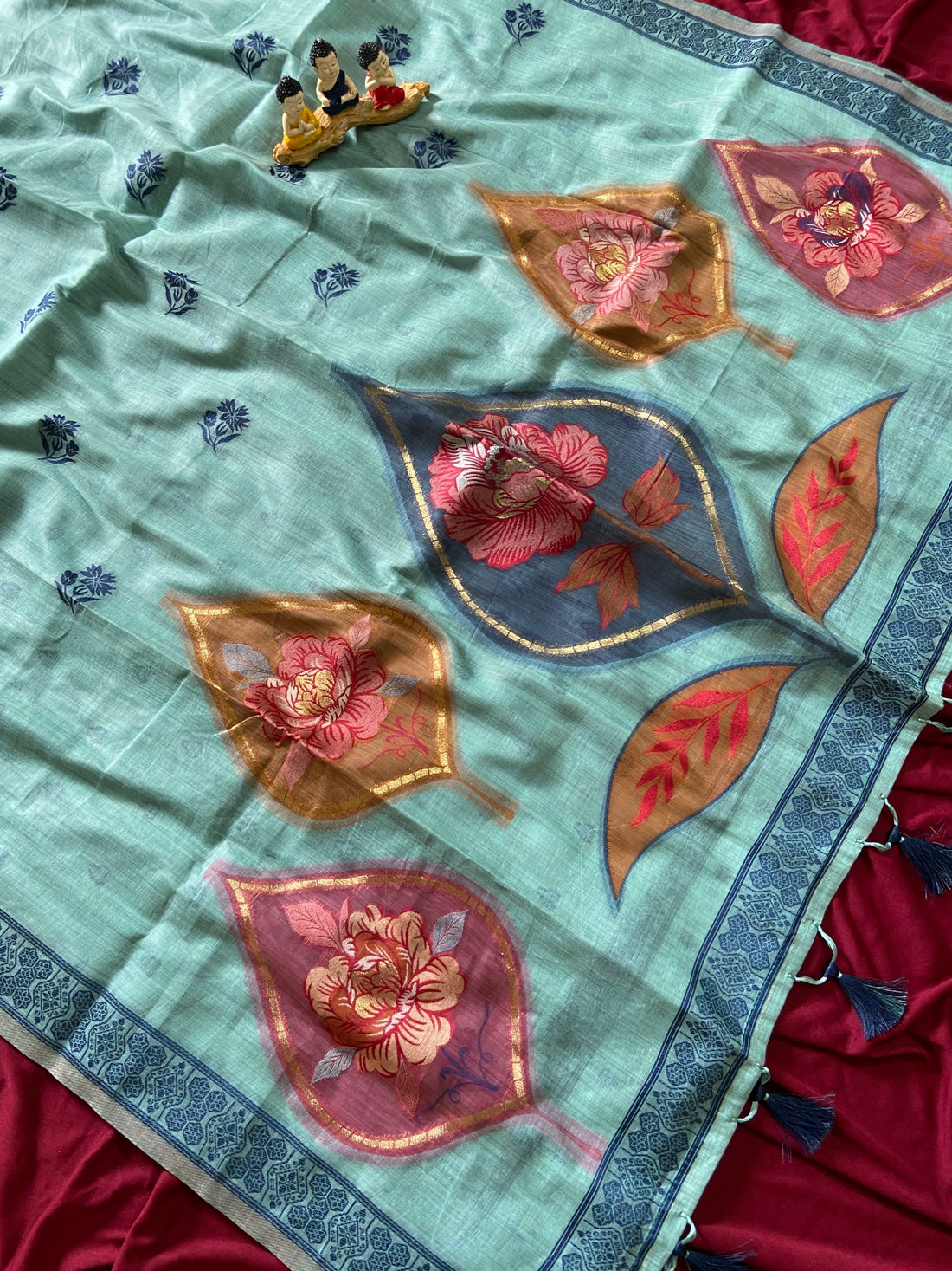 Sky Blue Muga Cotton Leaf Pallu Saree