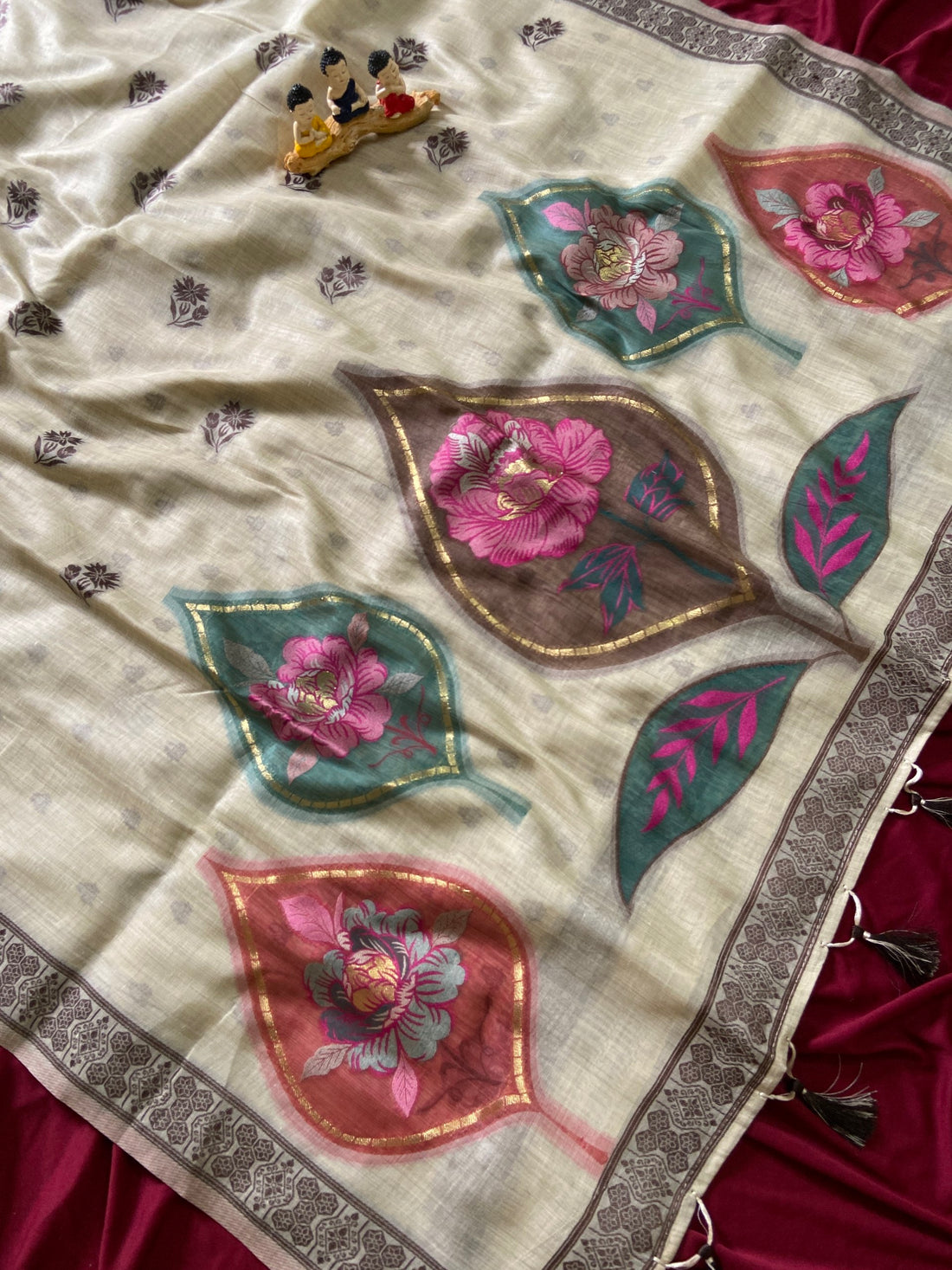 Off-White Muga Cotton Leaf Pallu Saree